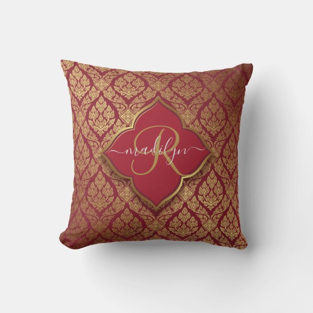 Vinröd Guld Fleur Damast Mönster Monogram Kudde (Framsida)