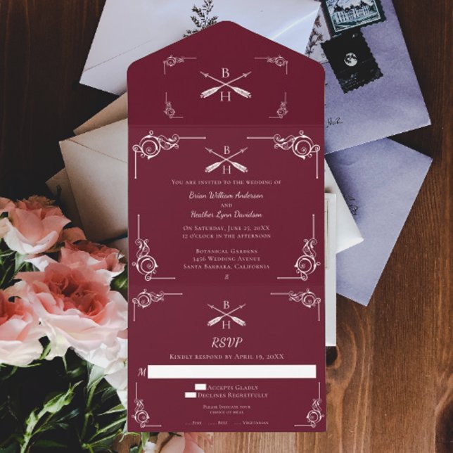 Vinröd Monogram och pilar bröllop (Wine Monogram and Arrows Wedding All in One Invitation)
