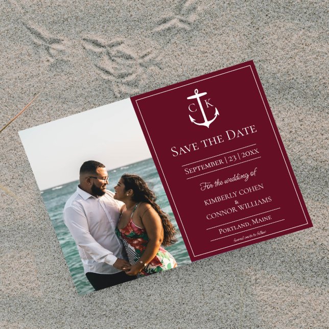Vinröd nautisk monogram fotografera spara datum datumet (Wine Red Nautical Monogram Photo Save the Date)