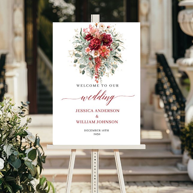 Vinröda Blommiga Gröna Bohemiska Höstbröllopsskylt Poster (Maroon Floral Greenery Bohemian Fall Wedding Welcome

)