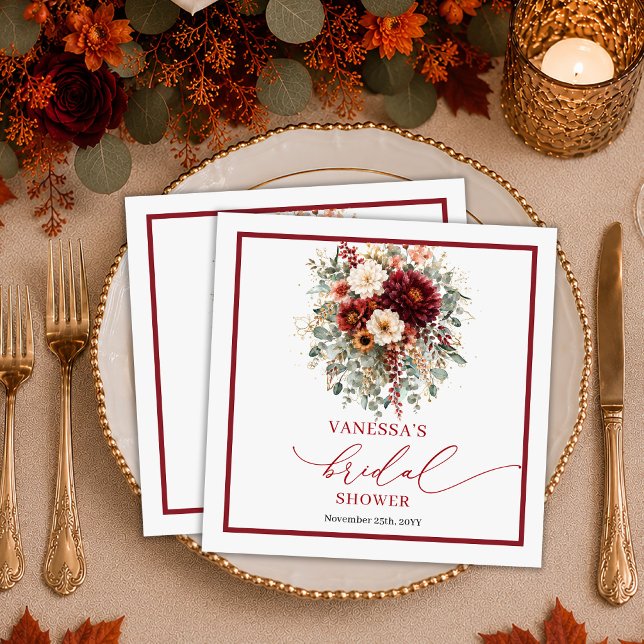 Vinröda guld burgunder röda blomster höst bröllops pappersservett (Maroon Gold Burgundy Floral autumn bridal shower napkins

)