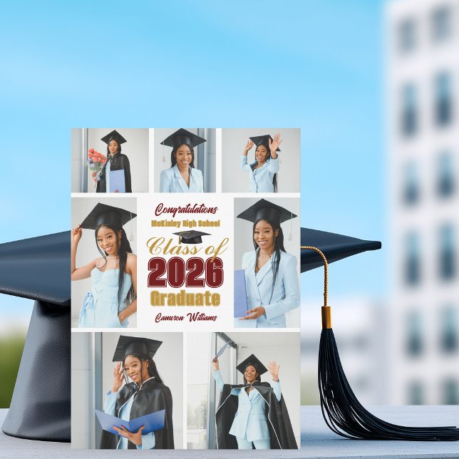 Vinröda Guld Klass 2026 Examen Foto Collage Meddelande (Skapare uppladdad)