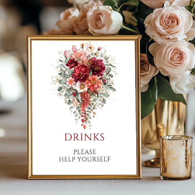 Vinröda höstblommiga dryckesskylt Eukalyptusskylt Poster (Maroon Autumn Floral Drinks Eucalyptus Sign

)