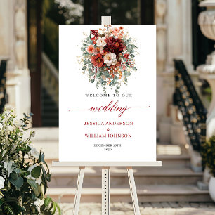 Vinröda höstblommor Boho Eukalyptus Bröllopsskylt Poster