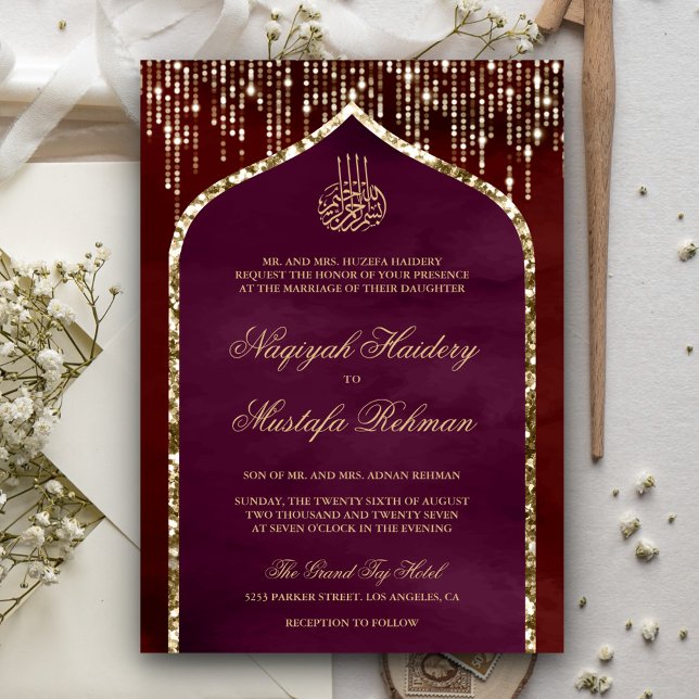 Vinröda och plommonfärgade glitterbåge muslimska b inbjudningar (Skapare uppladdad)