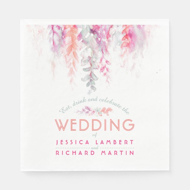 Vinstörande orange rosa blommigt bröllop pappersservett (Framsidan)