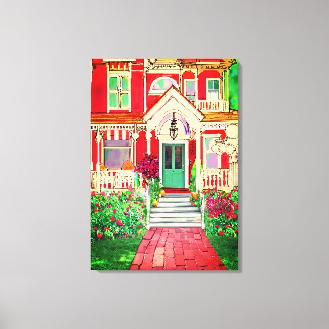 Vintae Röd Victorianhus Träd Blommor Canvastryck (Framsida)