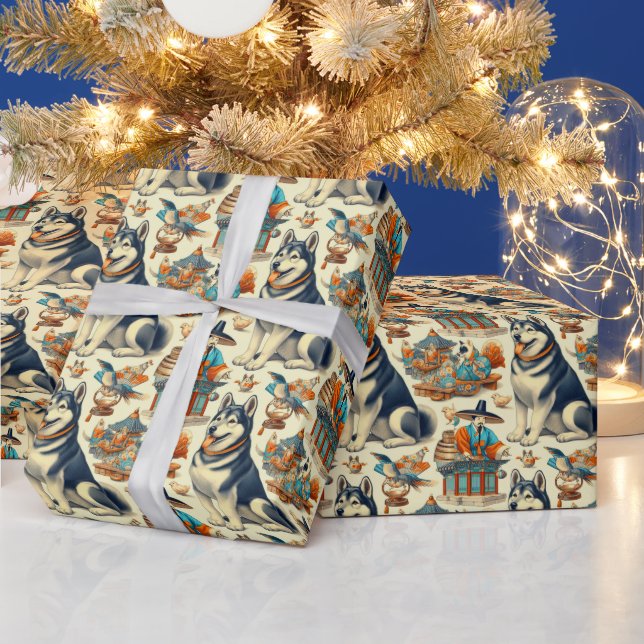 Vintagae Koreansk Jindo Hund Illustration Presentpapper (Helgdagar)