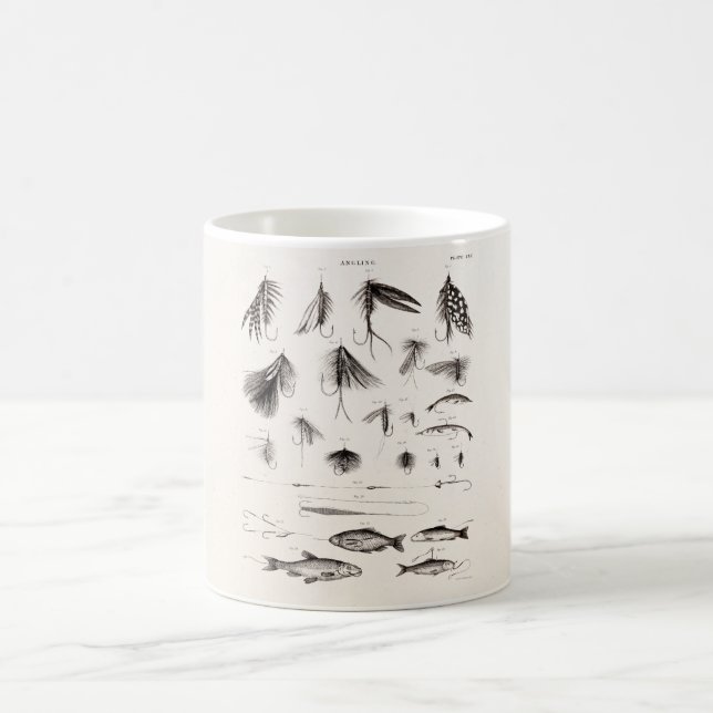 Vintage1800s som metar flygfiske, flyger gammala kaffemugg (Center)