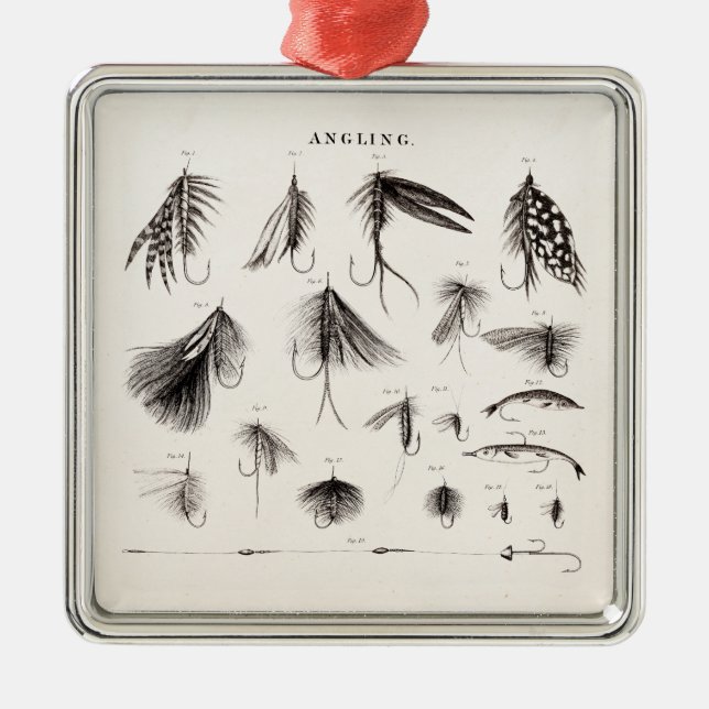 Vintage1800s som metar flygfiske, lockar julgransprydnad metall (Framsidan)