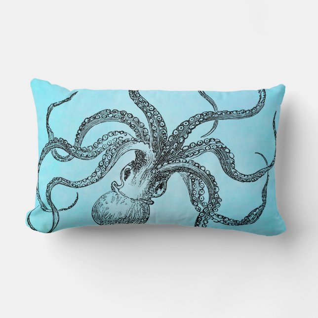 Vintage1800sbläckfisk på krickablåttvattenfärg lumbarkudde (Framsida)