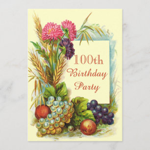 Vintage 100:e födelsedagen Färga frukter och blomm Inbjudningar