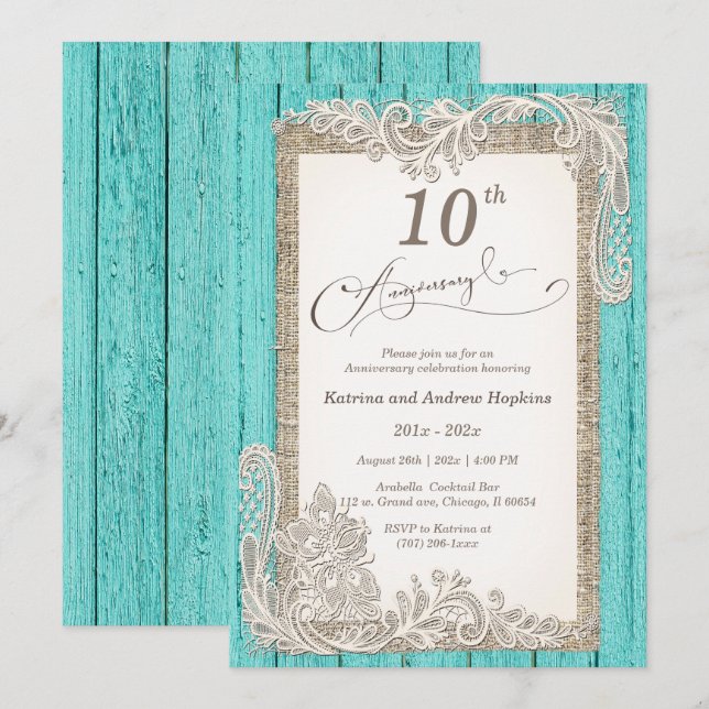 Vintage 10 års jubileum inbjudningar (Fram/baksida)