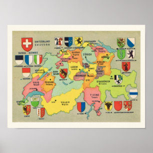 Vintage 12x16 Schweiz karttryck Poster