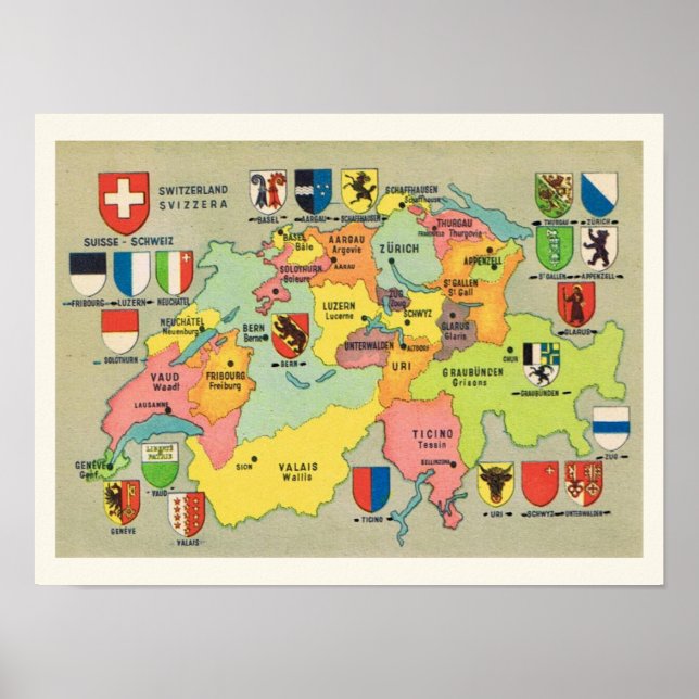 Vintage 12x16 Schweiz karttryck Poster (Framsidan)