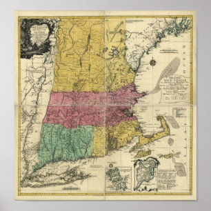 Vintage 1777 New England Karta Poster