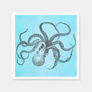 Vintage 1800s Octopus Teal Watercolor Blue Pappersservett