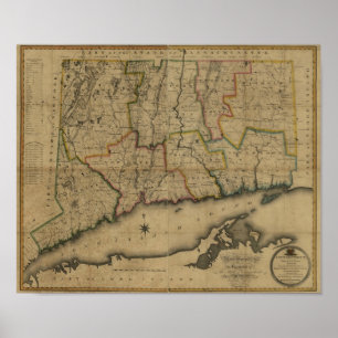 Vintage 1813 Connecticut Karta Poster