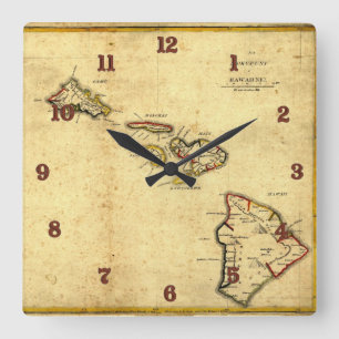 Vintage 1837 Hawaii Karta - Hawaiianska öarna Fyrkantig Klocka
