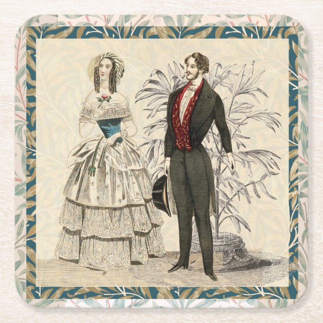 Vintage 1844 viktoriansk bröllopsillustration  underlägg papper kvadrat (Framsidan)