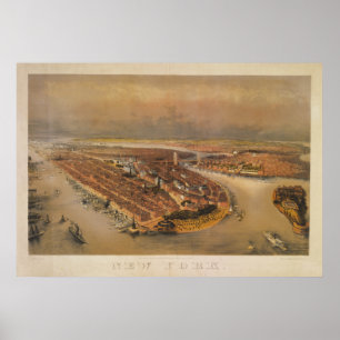 Vintage 1847 New York City Birds Öga View Karta Poster