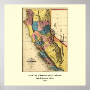 Vintage 1851 Kalifornien, Guld, Karta Poster