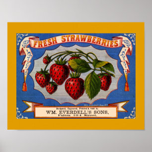 VINTAGE 1868 FÄRSK STRAWBERRIES ETIKETT Kopia Poster