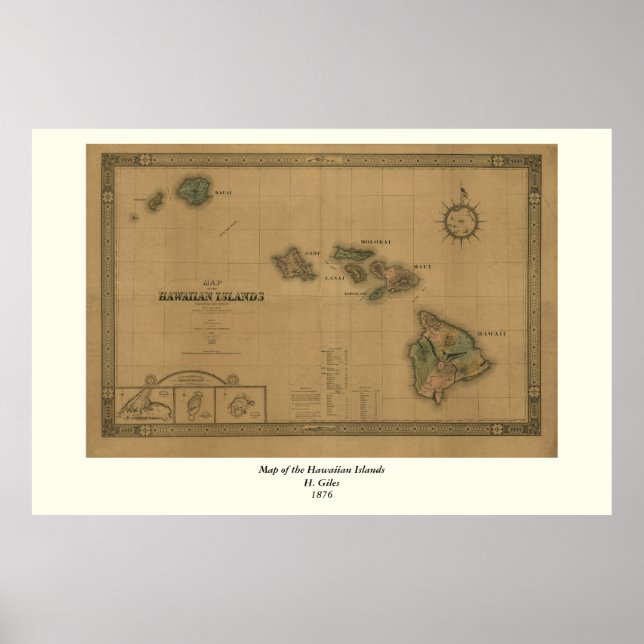 Vintage 1876 Hawaii Karta - Hawaiianska öarna Poster (Framsidan)