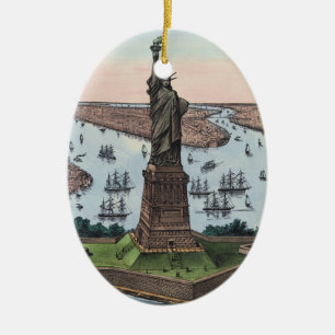 Vintage 1885 Staty över Liberty NYC Harbor Konst Julgransprydnad Keramik