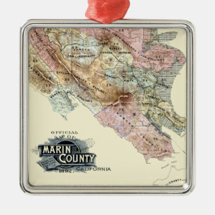 Vintage 1890 Karta i Marin County Julgransprydnad Metall