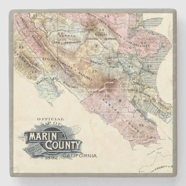 Vintage 1890 Karta i Marin County Stenunderlägg (Framsidan)