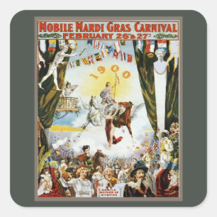 Vintage 1900 Mobile Mardi Gras karnevalaffisch kon Fyrkantigt Klistermärke