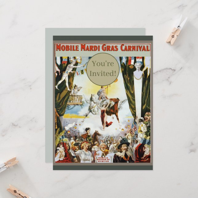 Vintage 1900 Mobile Mardi Gras karnevalaffisch kon Inbjudningar (Fram/Back In Situ)