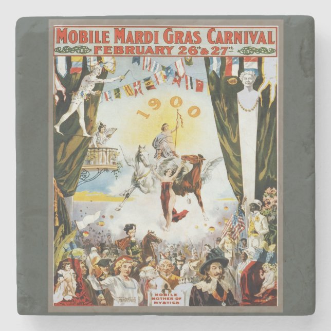 Vintage 1900 Mobile Mardi Gras karnevalsaffisch ko Stenunderlägg (Framsidan)