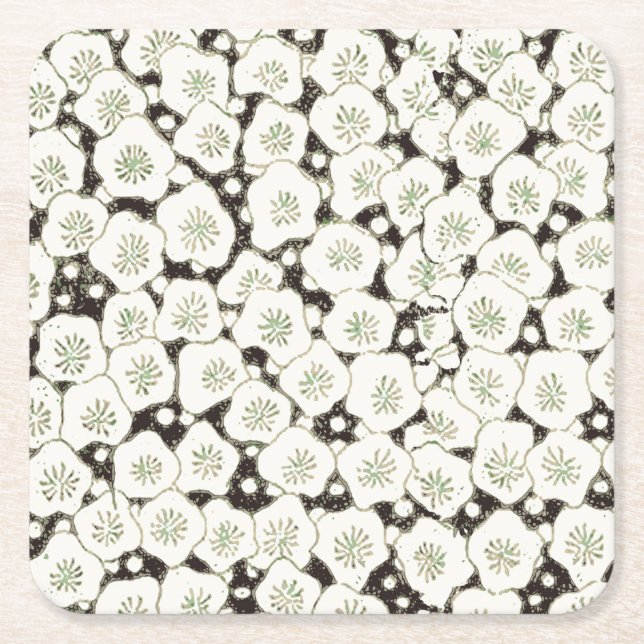 Vintage 1902 Japansk Blomster: Svart Vit Blomma  Underlägg Papper Kvadrat (Framsidan)
