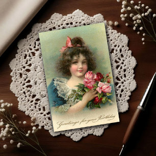 Vintage 1904 Flicka Rosa Rosor Födelsedag Vykort