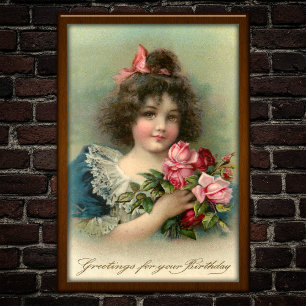 Vintage 1904 Flickans Rosa ros-födelsedagsPoster Poster