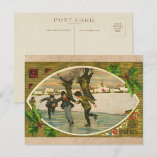 Vintage 1909 Boys Ice Skating Guld jul Helg Vykort