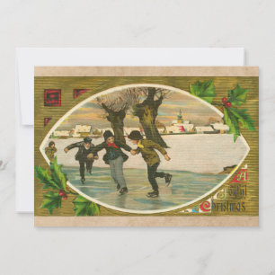 Vintage 1909 Boys Ice Skating Guld jul Kort