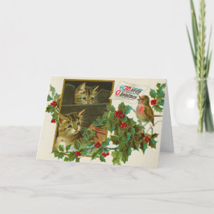 Vintage 1911 Katt med Bird God jul Kort