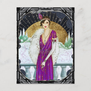 Vintage 1920-talets Lila Dress Winter Flapper Dam Helg Vykort