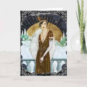 Vintage 1920-tals Brons Klänning Jul Flapper Kvinn Helgkort