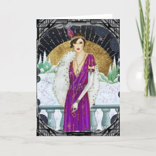 Vintage 1920-tals lila klänning vinter flapper dam helgkort