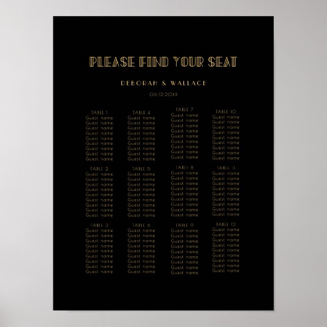 Vintage 1920s art deco bröllop sittande diagram poster (Framsidan)