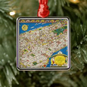 Vintage 1926 Återställd Manhattan Karta-jul Julgransprydnad Metall