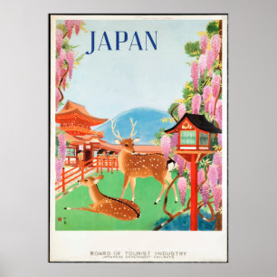 Vintage 1930s Hjort och japansk Pagoda Travel Post Poster