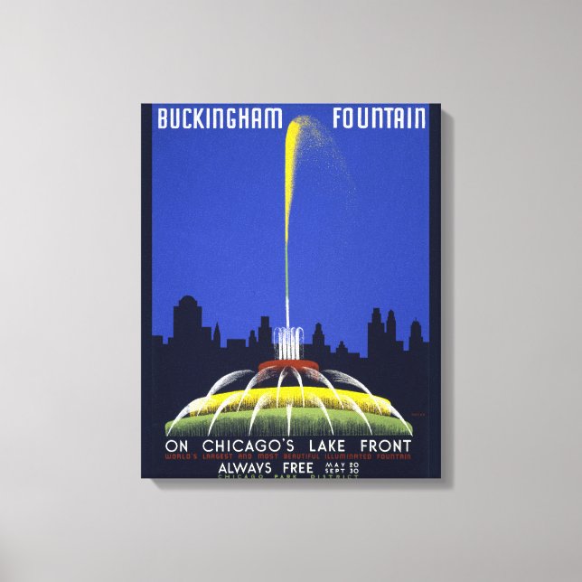 Vintage 1939 Poster, Chicago's Buckingham Fontän Canvastryck (Framsida)