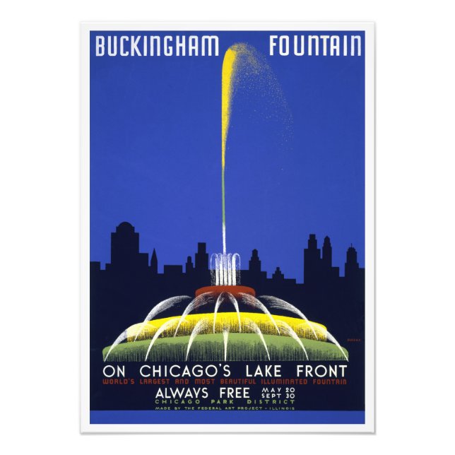 Vintage 1939 Poster, Chicago's Buckingham Fontän Fototryck (Framsidan)