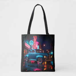 Vintage 1940-tals Klassisk Bil Under Neonljus Tygkasse