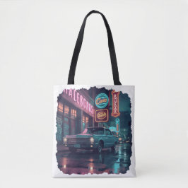 Vintage 1940-tals Klassisk Bil Under Neonljus Tygkasse